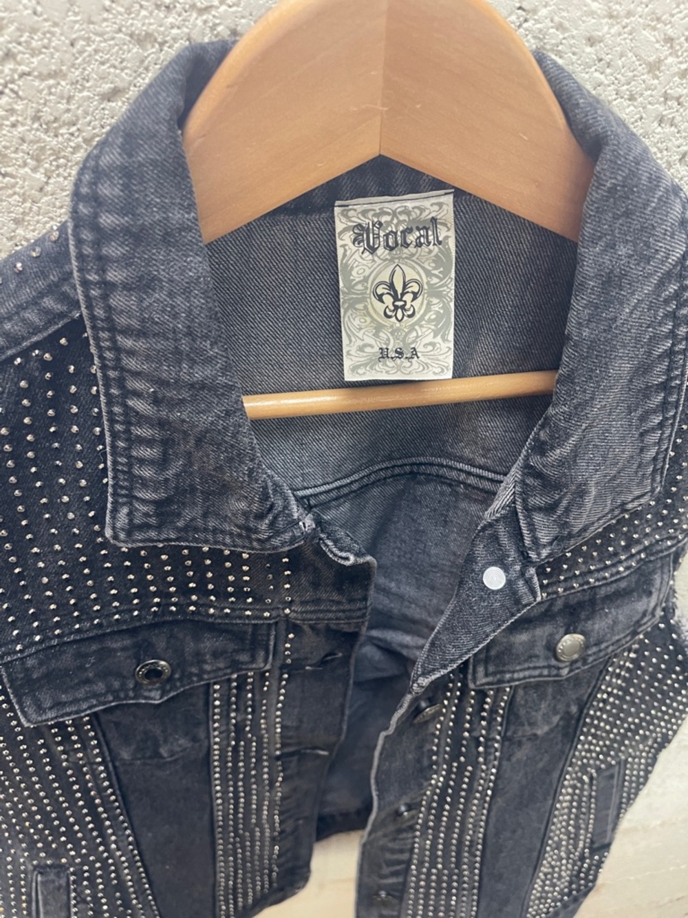 Vocal Studded Rhinestone Black Washed Denim Vest - Picture 2 of 6